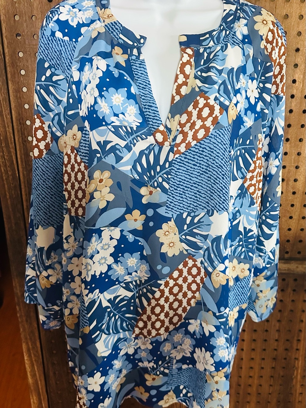 NorthStyle Blue Floral Patchwork Tunic with Brown Accents Size 2X